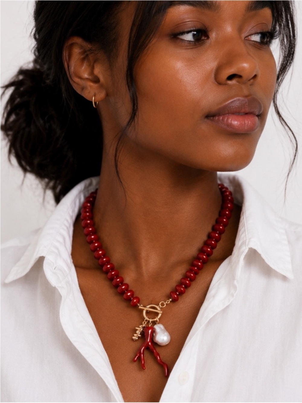 New! Red Coastal Coral Beaded Necklace NWOT 3030